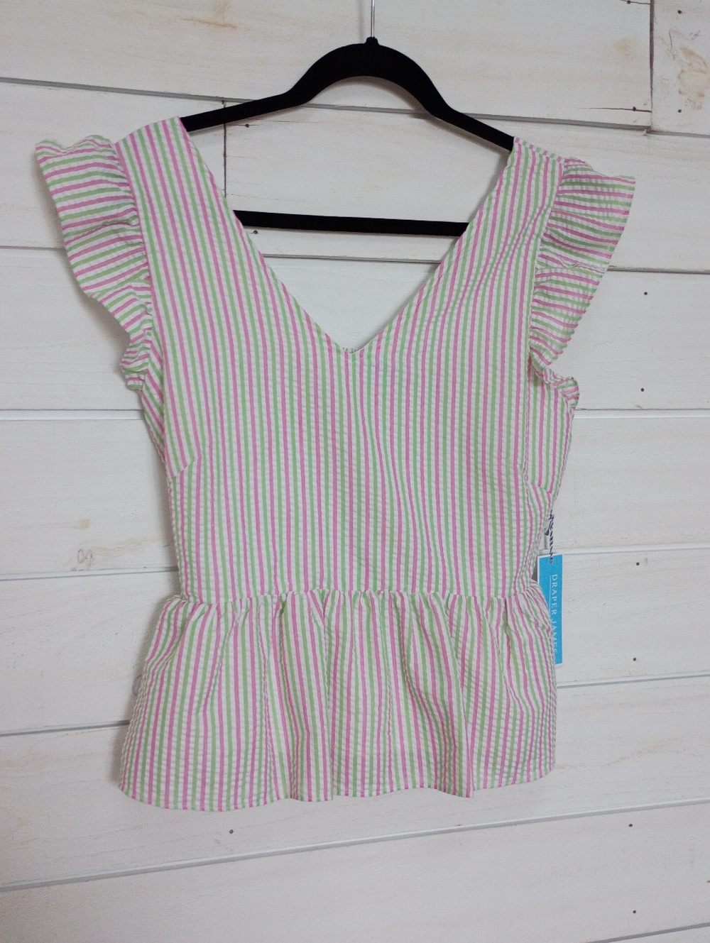 NWT Draper James Pink and Green Striped Ruffle Sleeve Peplum Top